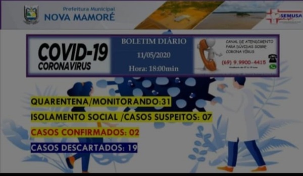 MUNICÍPIO DE NOVA MAMORÉ REGISTRA OS DOIS PRIMEIROS CASOS DA COVID-19
